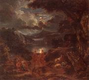 unknow artist A pastoral scene with shepherds and nymphs dancing in the moonlight by the edge of a lake oil painting artist